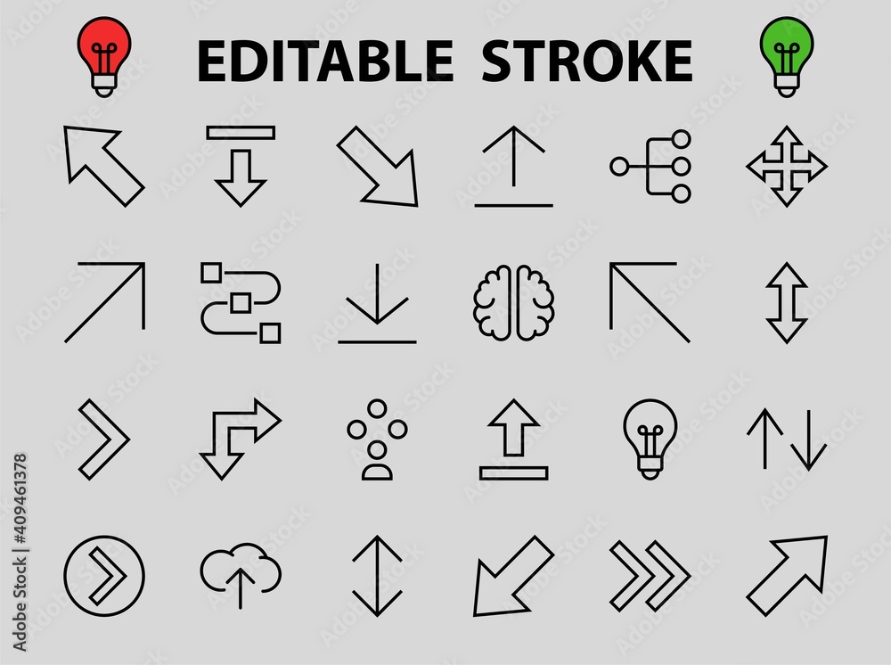 Set of line arrows, directions, arrows, contains icons such as pause, continuation, directly, to the right, Editable stroke. 480x480, On a white background, Vector illustration Set of line arrows, directions, arrows, contains icons such as pause, continuation, directly, to the right, Editable stroke. 480x480, On a white background, Vector illustration