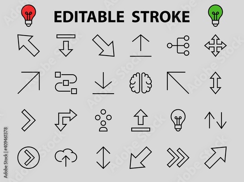 Set of line arrows, directions, arrows, contains icons such as pause, continuation, directly, to the right, Editable stroke. 480x480, On a white background, Vector illustration
