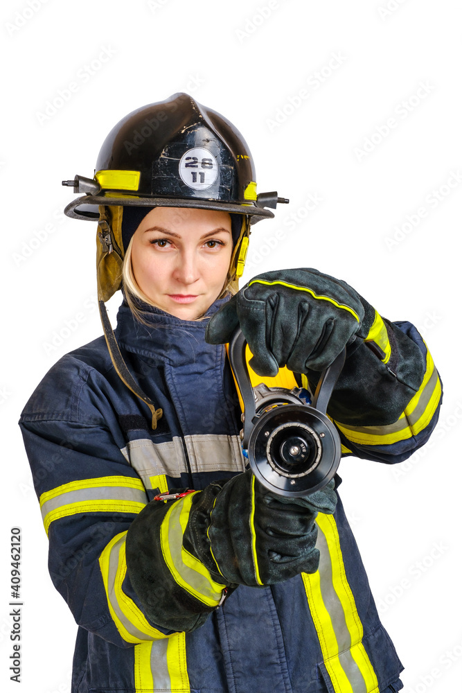 Young brave woman in uniform, hardhat of firefighter opens valve on fire hose nozzle for use and looking at camera isolated on white background Young brave woman in uniform, hardhat of firefighter opens valve on fire hose nozzle for use and looking at camera isolated on white background