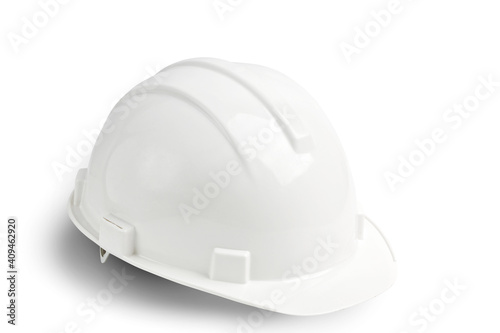 White plastic safety helmet isolated on white background with shadow