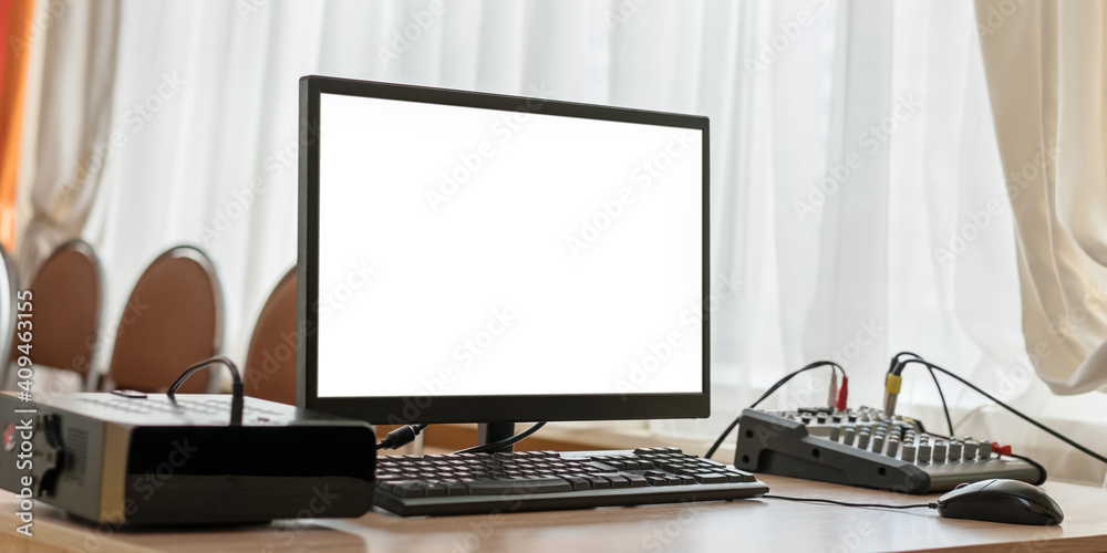 Modern laptop with blank white space on screen for mockup stands on workplace Modern laptop with blank white space on screen for mockup stands on workplace