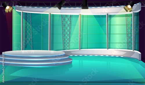 Vector cartoon style TV show studio interior with stage and spot lights.