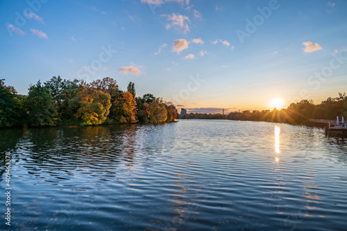 Lake Woehrder See in Nuremberg during sunset in autumn