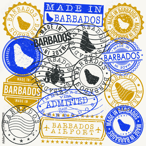 Barbados Set of Stamps. Travel Passport Stamps. Made In Product. Design Seals in Old Style Insignia. Icon Clip Art Vector Collection.