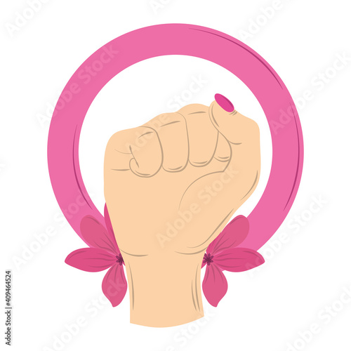 female hand raised in fist flowers decoration, womens day
