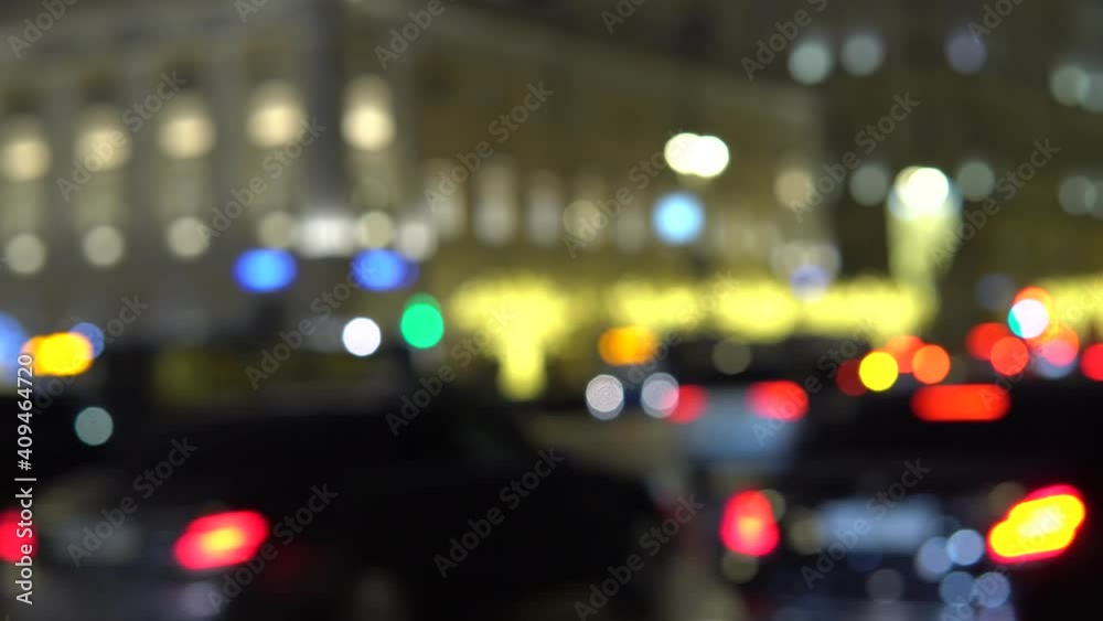 Moscow, Russia - January, 08,2021. Defocused image of public transport in festive Moscow. Moscow, Russia - January, 08,2021. Defocused image of public transport in festive Moscow.