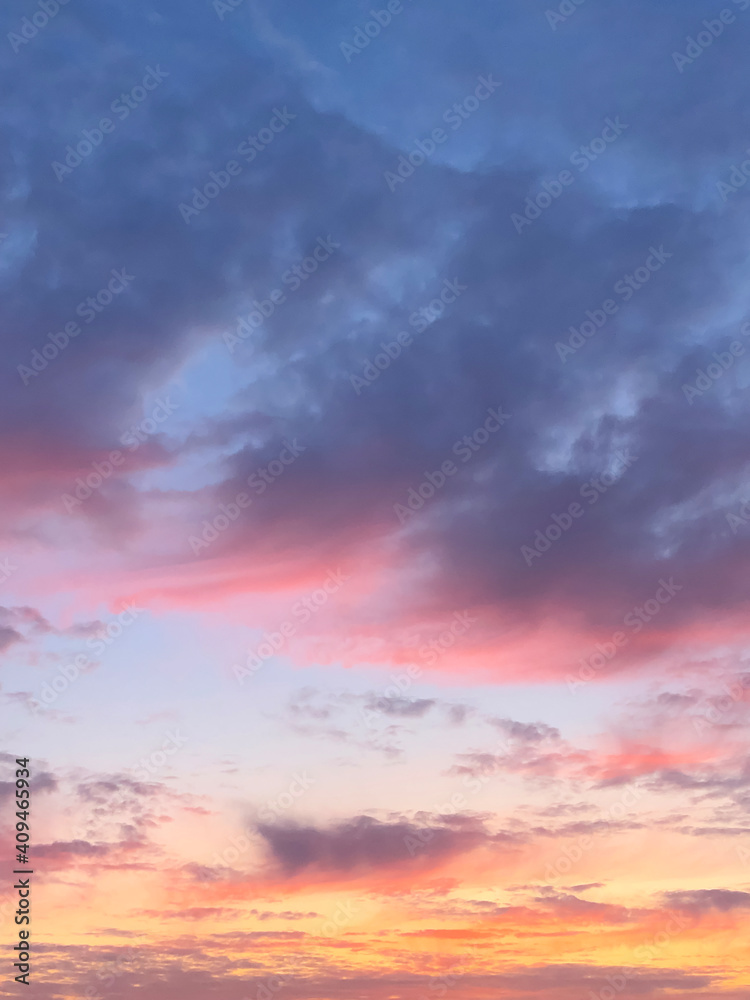 Beautiful sunset sky with clouds. Colorful dramatic sky. Sunset background. 