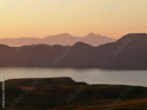 Sunset over the Sound of Mull, with Ardnamurchan and Rum in the distance photo