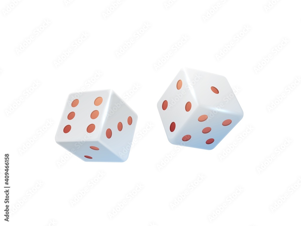 Gambling dice. 3D casino equipment. Realistic pair of white cubes with red dots. Isolated tools for table game and gamble. Throwing craps, lucky and losing number combinations. Vector illustration Gambling dice. 3D casino equipment. Realistic pair of white cubes with red dots. Isolated tools for table game and gamble. Throwing craps, lucky and losing number combinations. Vector illustration