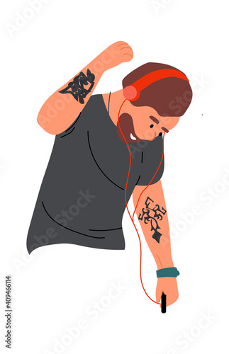 Man dancing and listen music. Simple cartoon male character waist-high with mobile and red headphones. Boy with tattoo leisure time, entertainment concept modern flat vector isolated illustration