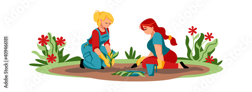 Cartoon agricultural workers. Cute women planting seedlings. Young gardeners taking care of plants. Isolated people working in garden. Farmers growing flowers or vegetables. Vector illustration