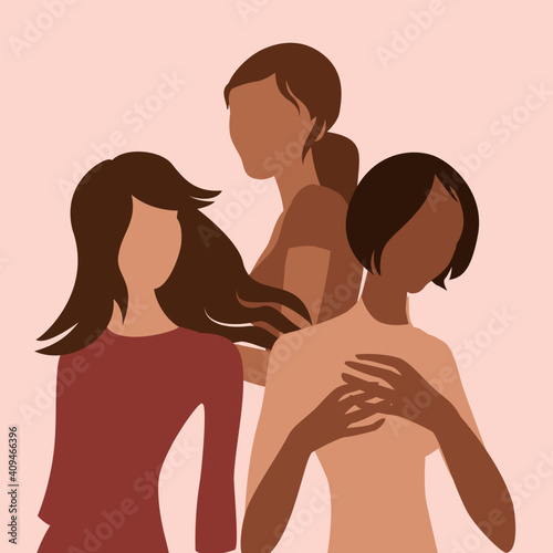 An abstract vector illustration of diverse women standing together in friendship with solidarity and sisterhood