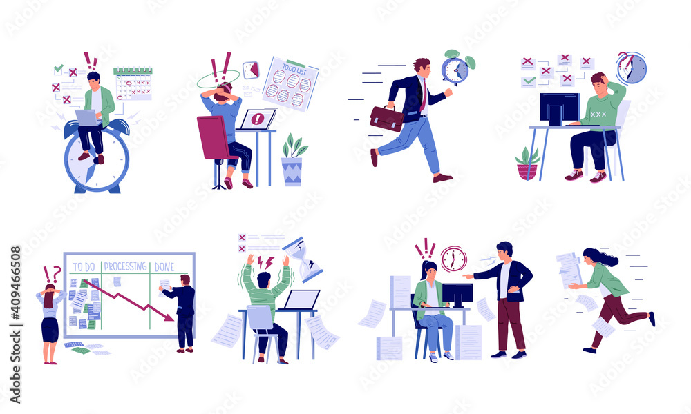 Time management fail. Missed deadlines. Cartoon stressed people with failure tasks. Nervous busy employees in office. Ineffective timetable planning concept. Unproductive workflow, vector flat set