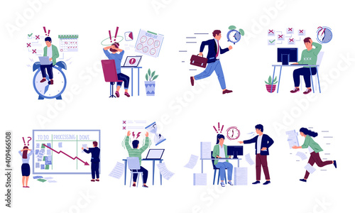 Time management fail. Missed deadlines. Cartoon stressed people with failure tasks. Nervous busy employees in office. Ineffective timetable planning concept. Unproductive workflow, vector flat set photo