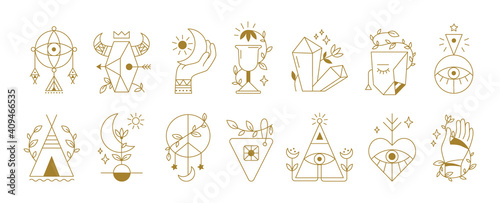 Mystical symbols. Boho ethnic and alchemic icons. Spiritual outline signs with human eyes or hands. Collection of decorative isolated abstract elements, esoteric contour tattoo design. Vector flat set