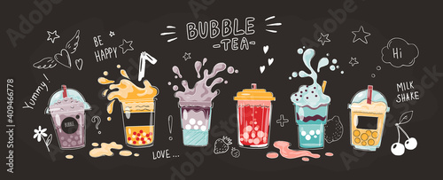 Bubble tea cup. Cartoon hand drawn poster of sweet drinks. Full glasses and splashing liquid. Collection of yummy milk shakes or cocktails. Black horizontal banner with lettering. Vector menu template