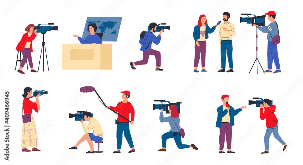 Cameraman. News crew and journalists. TV reporters interviewing, television programs recording. Isolated correspondents with professional cameras and microphones. Live streaming reportage, vector set