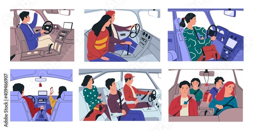 Car ride. Cartoon characters driving vehicle with family and pets. People travel by automobile, move around city. Modern transport interior with steering wheel and dashboard. Vector scenes in auto set © SpicyTruffel