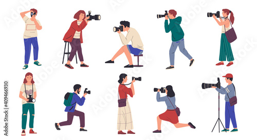 Photographers. Cartoon people with professional cameras taking pictures. Isolated men and women shoot photography. Photo correspondent career or paparazzi occupation. Hipsters hobby, vector flat set