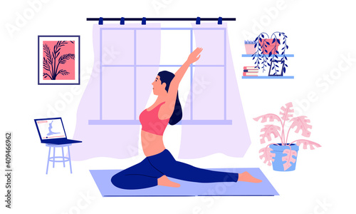 Yoga online. Cartoon girl doing sport exercises with video instructions. Cute young woman in asana pose watching trainer live stream. Home workout concept. Modern active lifestyle, vector illustration