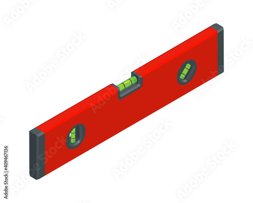 Isometric vector illustration red bubble level tool isolated on white background. Realistic spirit level icon in flat cartoon style. Construction water level. Building and engineering equipment.