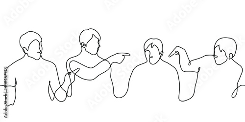 crowd of a man points a finger at one. one line drawing seated people vote for someone, point to the chosen one. voting concept, appointing responsible person, victim bullying, cancell culture