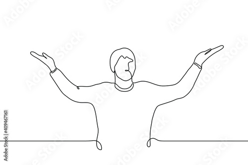 man stands with his hands up and to the sides. one line drawing a man in a sweater stands confused, he does not know and does not understand what is happening