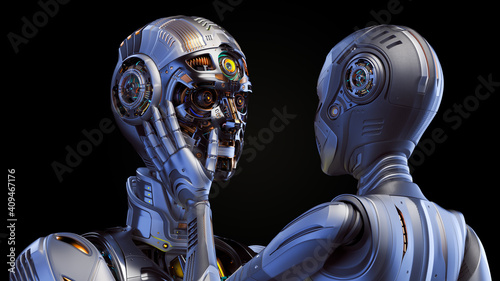 3d render of two detailed cyborgs man and woman or futuristic humanoid robots touching each other with passion and love showing their human sentiments. Isolated on black background