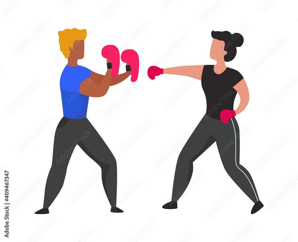 Gym boxing training. Young people learning to fight. Fighter practices hits with gloves. Cartoon coach teaching girl to beat. Isolated man and woman doing sport exercises. Vector kickboxing workout