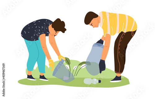 Cleaning area from garbage. Volunteers collect trash in field. Young people work together for recycling plastic waste in park. Cartoon man and woman putting rubbish in bag. Vector care for environment