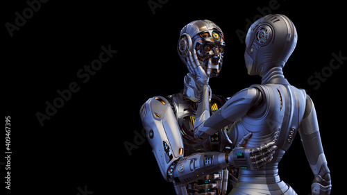 Fotografie 3d render of two detailed cyborgs man and woman or futuristic humanoid robots touching each other with passion and love showing their human sentiments