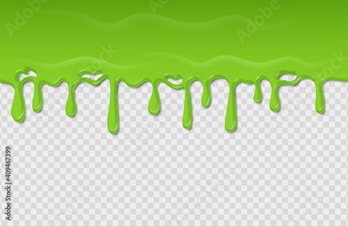 Slime seamless pattern. Dripping green radioactive substance. Spooky liquid wave on transparent background. Toxic splatter and blob mucus. Template of flowing horizontal border. Vector acidic frame
