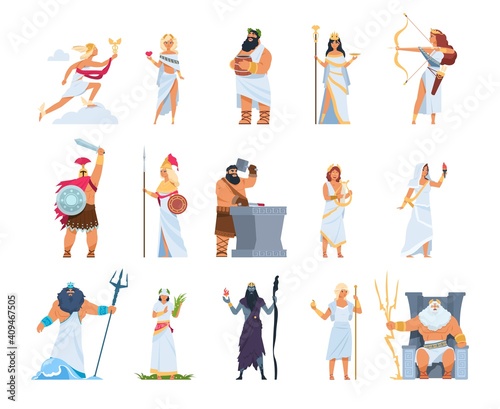 Cartoon Greek gods. Members of divine pantheon of Greece. Ancient mythology persons in white toga and golden helmet or wreath. Collection of Olympian deities, vector gorgeous legends character set