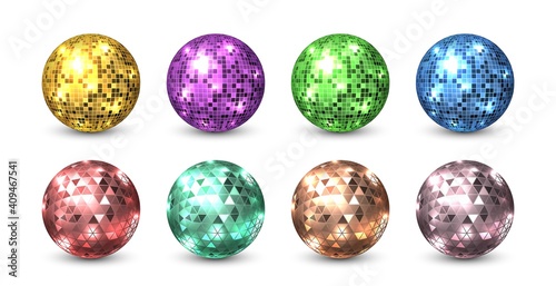 Disco balls. Night club glitter discoballs. Isolated shiny equipment for dance party. Glowing sphere from square and triangular pieces of colorful mirrors. Shimmering circles reflect light, vector set