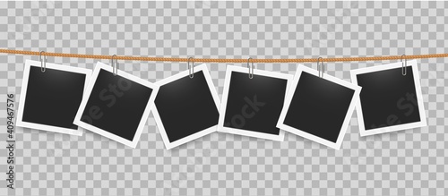 Photo frame hanging by clip on rope. Realistic blank photography templates on transparent background. Square pictures attached to thread in line. Exhibition mockup with copy space. Vector snapshot