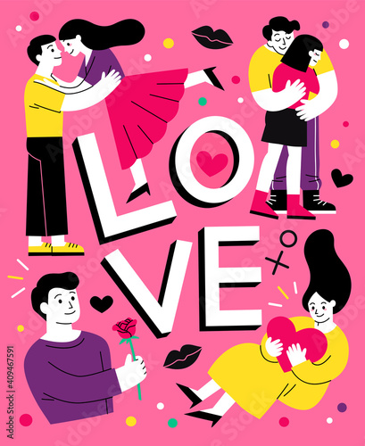 Romantic couples. men and women in love hugging, cuddling and kissing. Valentine's day greeting card.