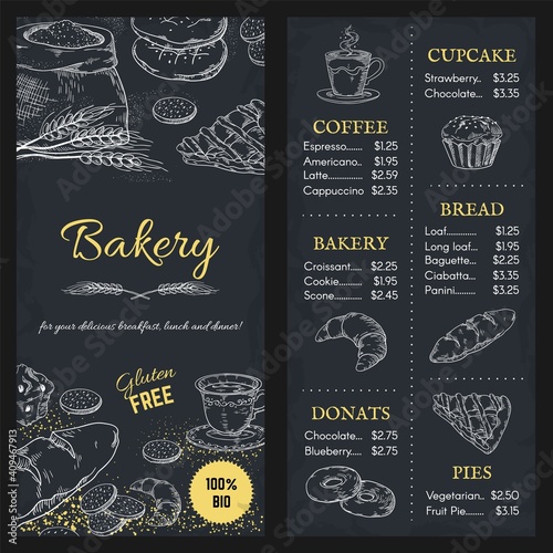 Bakery menu mockup. Hand drawn brochure of food with price. Cafe assortment, gluten free meal. Outline cupcake and pie, donut or bread on blackboard background. Vector design template for restaurant