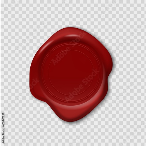 Wax stamp. Retro realistic red seal. 3D round imprint on transparent background. Blank waxy emboss for old-fashioned postal envelopes and guarantee documents. Vector decorative sign with copy space
