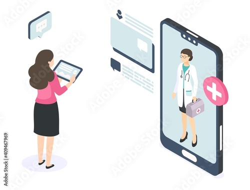 Online doctor isometric concept. Medical consultation chat. Web service for physicians answering questions. Internet communication between medic and patients. Vector health care recommendations