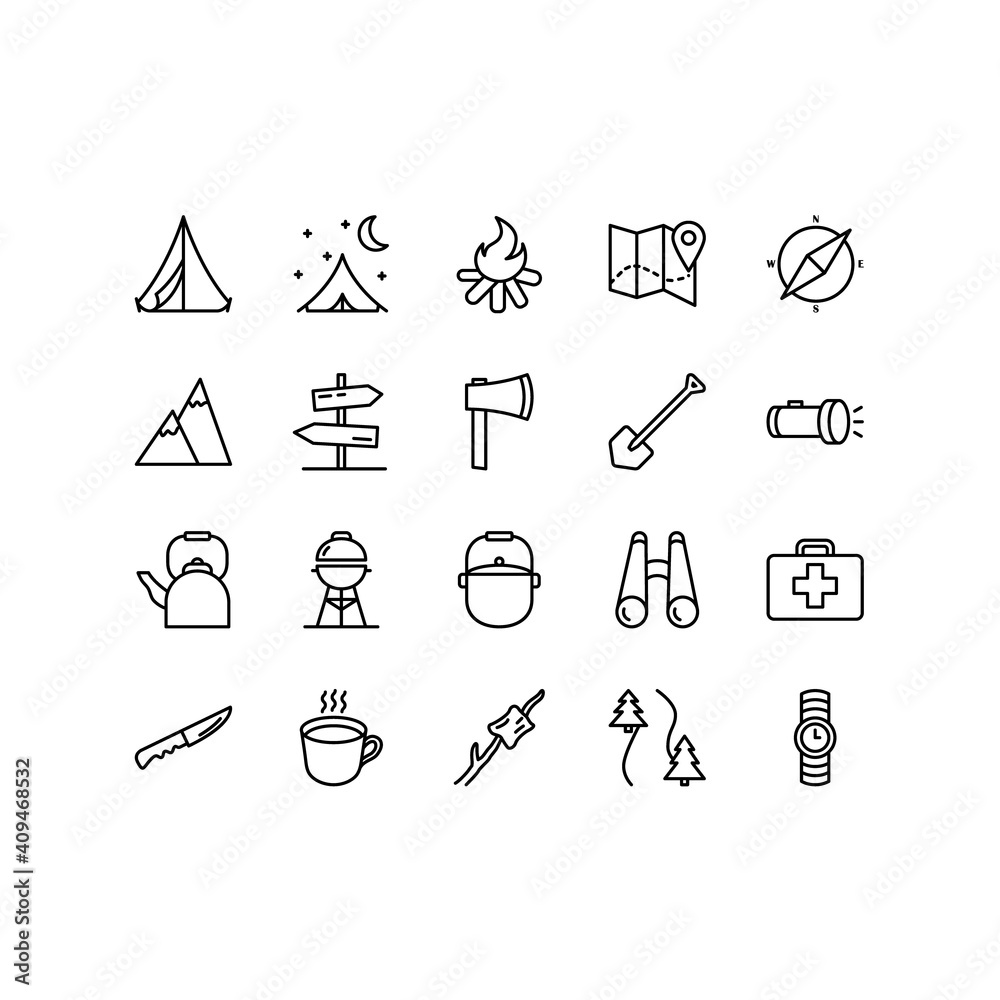 Camping, travel and picnic icons set. Line style icons for web and ui design. Contains such as tent, compasses, mountain and other camping equipment. Editable stroke Camping, travel and picnic icons set. Line style icons for web and ui design. Contains such as tent, compasses, mountain and other camping equipment. Editable stroke