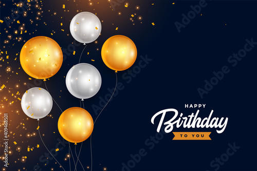 Fototapeta Naklejka Na Ścianę i Meble -  happy birthday golden and silver balloons with confetti