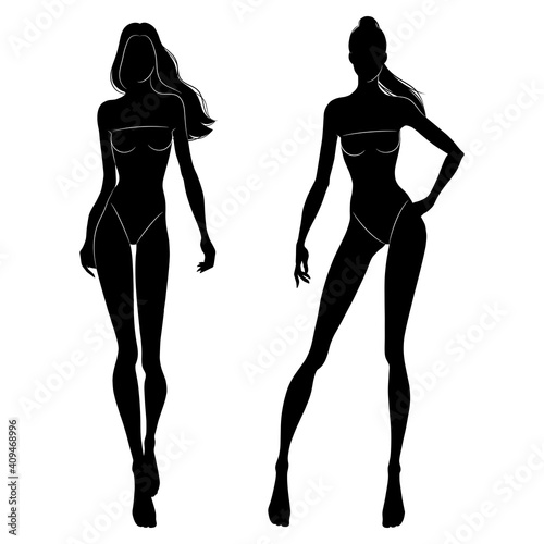 The black silhouettes of fashion models walking on the podium. Beautiful slim women isolated on a white background, vector illustration.