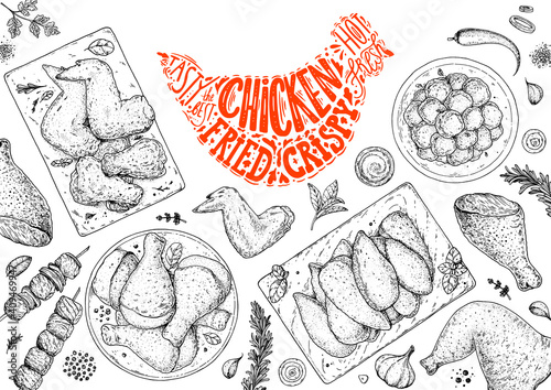 Chicken meat. Grilled and Fried chicken. Hand drawn sketch illustration. Grilled chicken meat top view frame. Vector illustration. Engraved design. Restaurant menu design template.