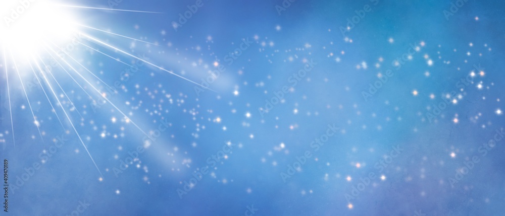 Sfondo cielo azzurro  blu con il sole raggiante e stelle 