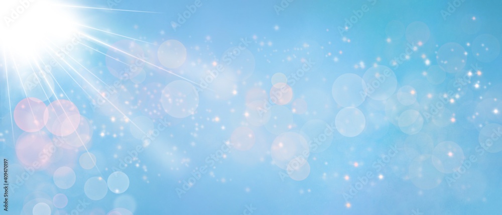 Banner sfondo azzurro con stelle, luce e bokeh colorato 