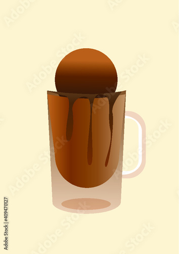 hot cocoa in a transparent mug on a milk background. hot chocolate bomb floats in a mug.