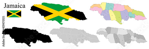 Set of maps of Jamaica with regions. Flag on the map. Silhouette of the card photo