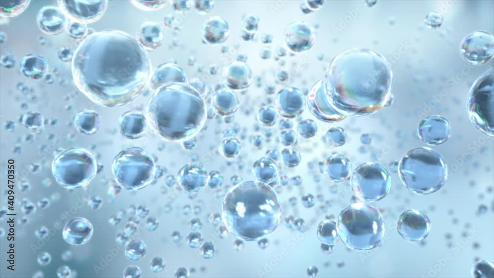 Macro shot of various air bubbles in water rising up on light blue background. Super slow motion Beauty glossy Moisturizing bubble blobs or drops 3D animation design Macro shot of various air bubbles in water rising up on light blue background. Super slow motion Beauty glossy Moisturizing bubble blobs or drops 3D animation design