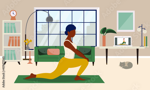 Stay home concept. Girl watching online classes on laptop, practicing yoga. Concept for online yoga clases, healthy lifestyle, live stream, internet education. Vector illustration in flat style.