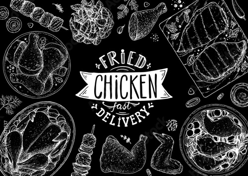 Chicken meat. Fried chicken. Hand drawn sketch illustration. Grilled chicken meat top view frame. Vector illustration. Engraved design. Restaurant menu design template.